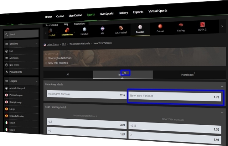 View of odds on the site in .com